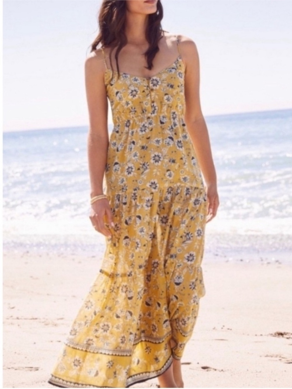 Evereve Collette Boho Yellow Floral Maxi Dress with Spaghetti Straps XS